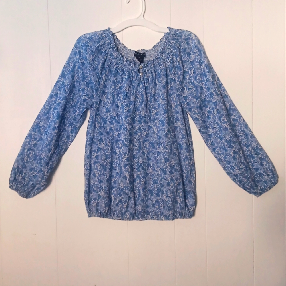 Ralph Lauren Girls Boho Blue & White Floral Long Sleeve Smocked Blouse 14
